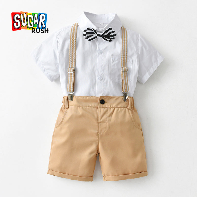 Boys White Shirt With Shorts And Suspenders
