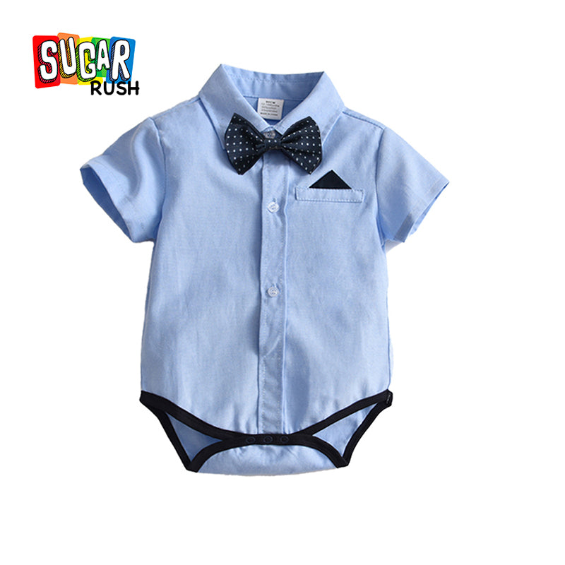 Boys Blue Shirt Collar Cotton Bodysuit With Bow
