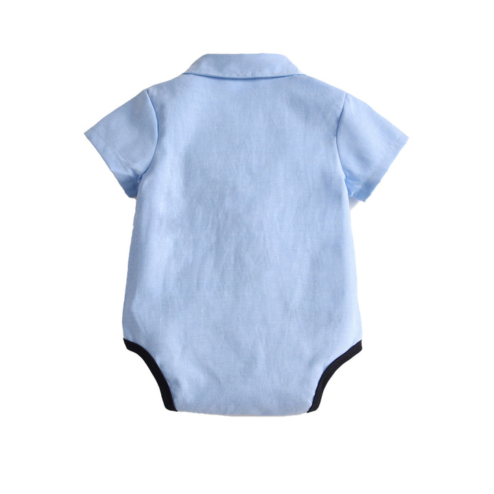 Boys Blue Shirt Collar Cotton Bodysuit With Bow