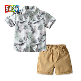 Boys Khaki Printed Cotton Shirt with Shorts