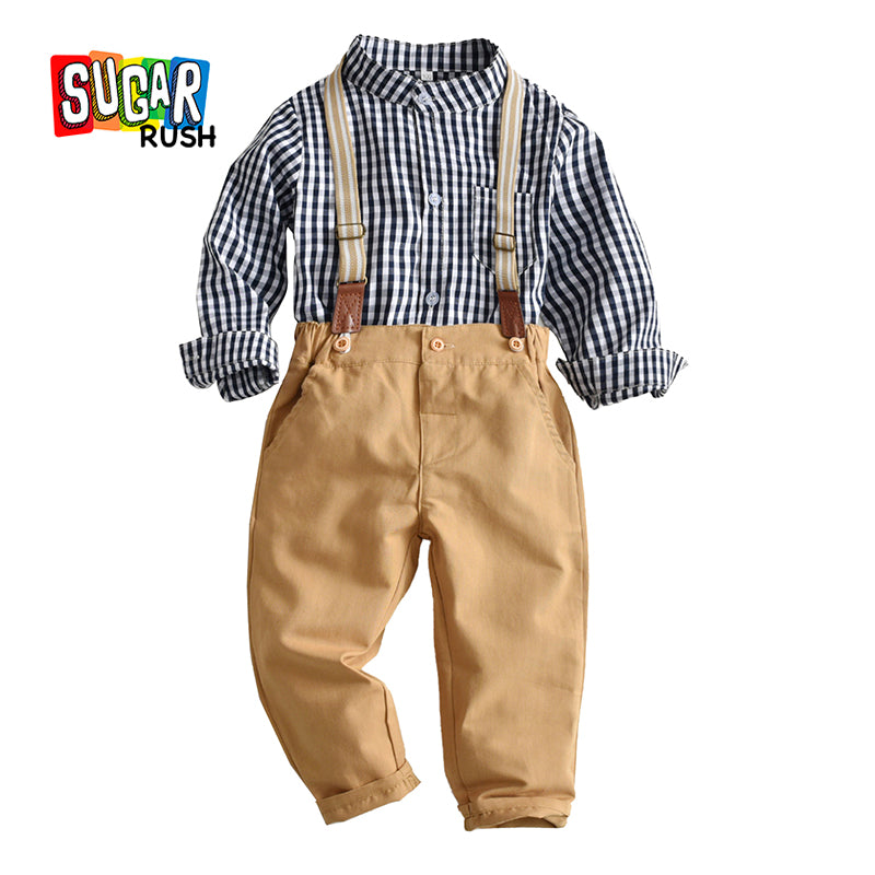 Boys White & Khaki Checked Shirt With Trousers