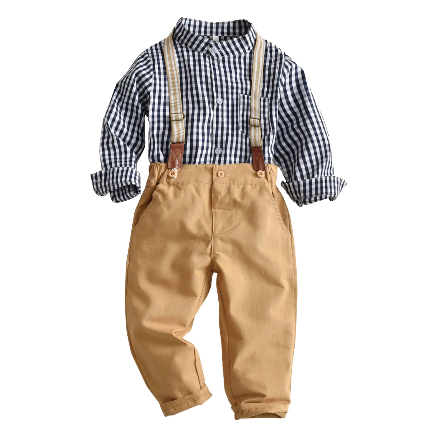 Boys White & Khaki Checked Shirt With Trousers
