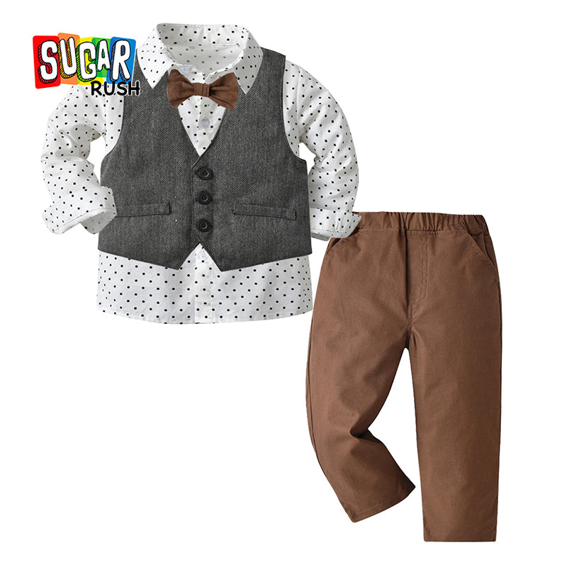 Boys White & Brown Polka Dot Printed 3 Piece Suit