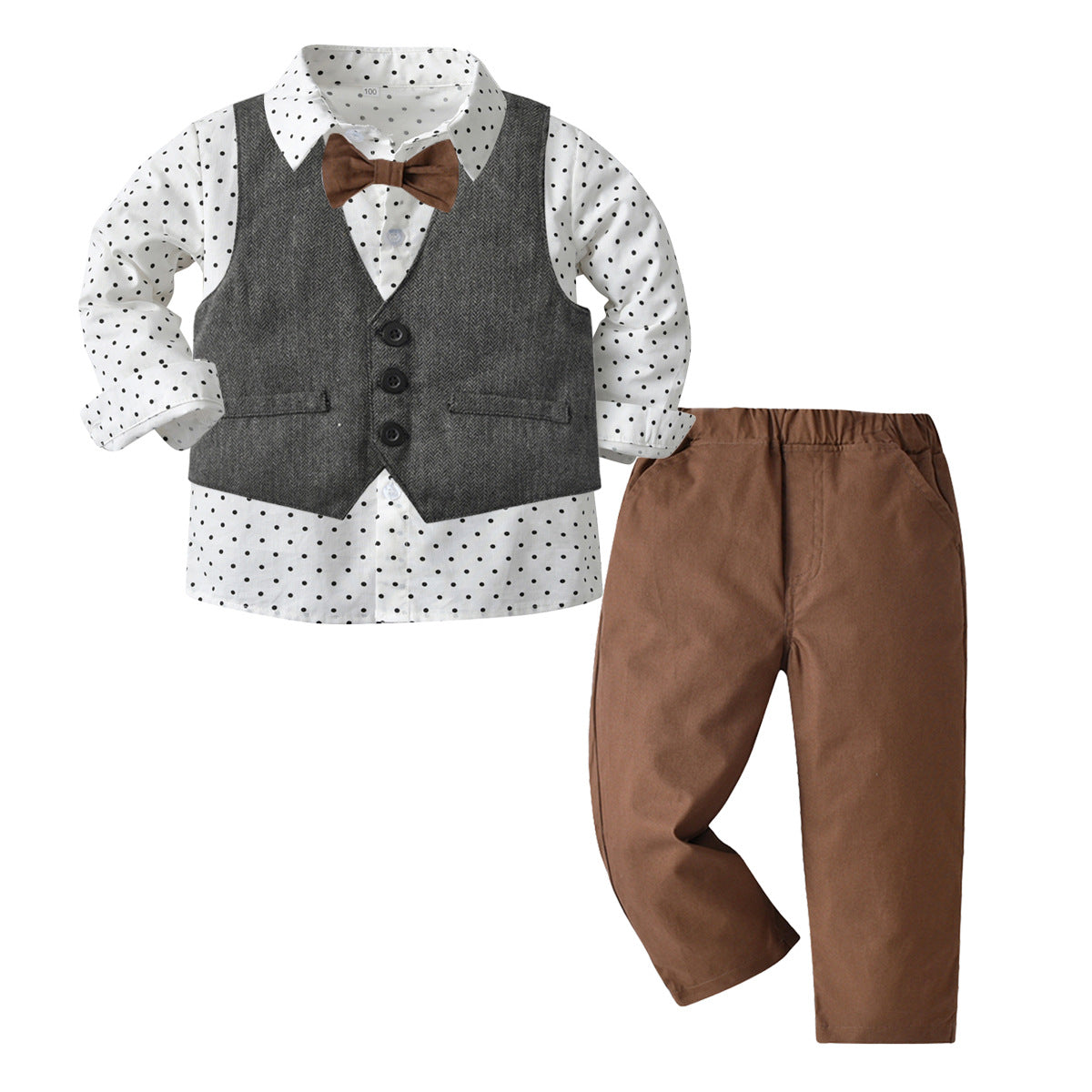 Boys White & Brown Polka Dot Printed 3 Piece Suit