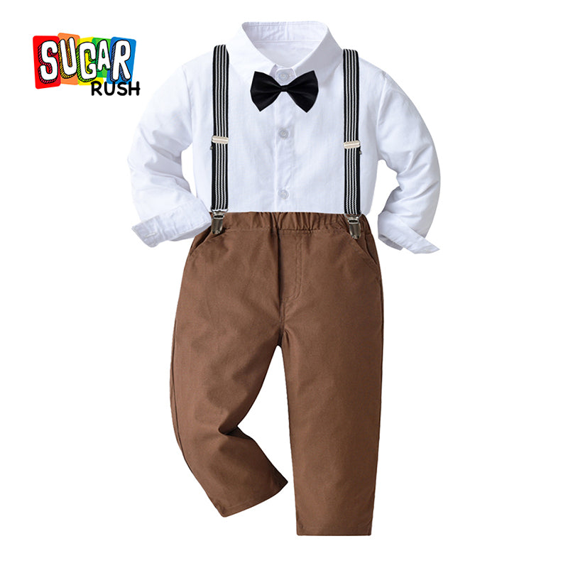Boys White Shirt Collar Long Sleeve Shirt With Trouser & Suspender