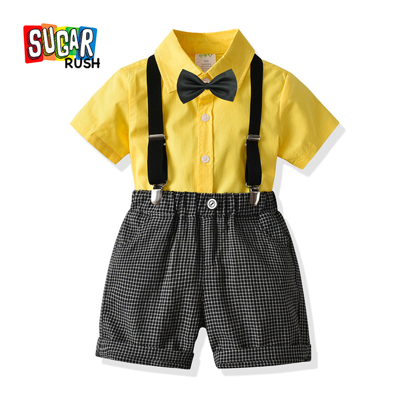 Boys Yellow & Black Shirt With Checked Shorts & Suspenders