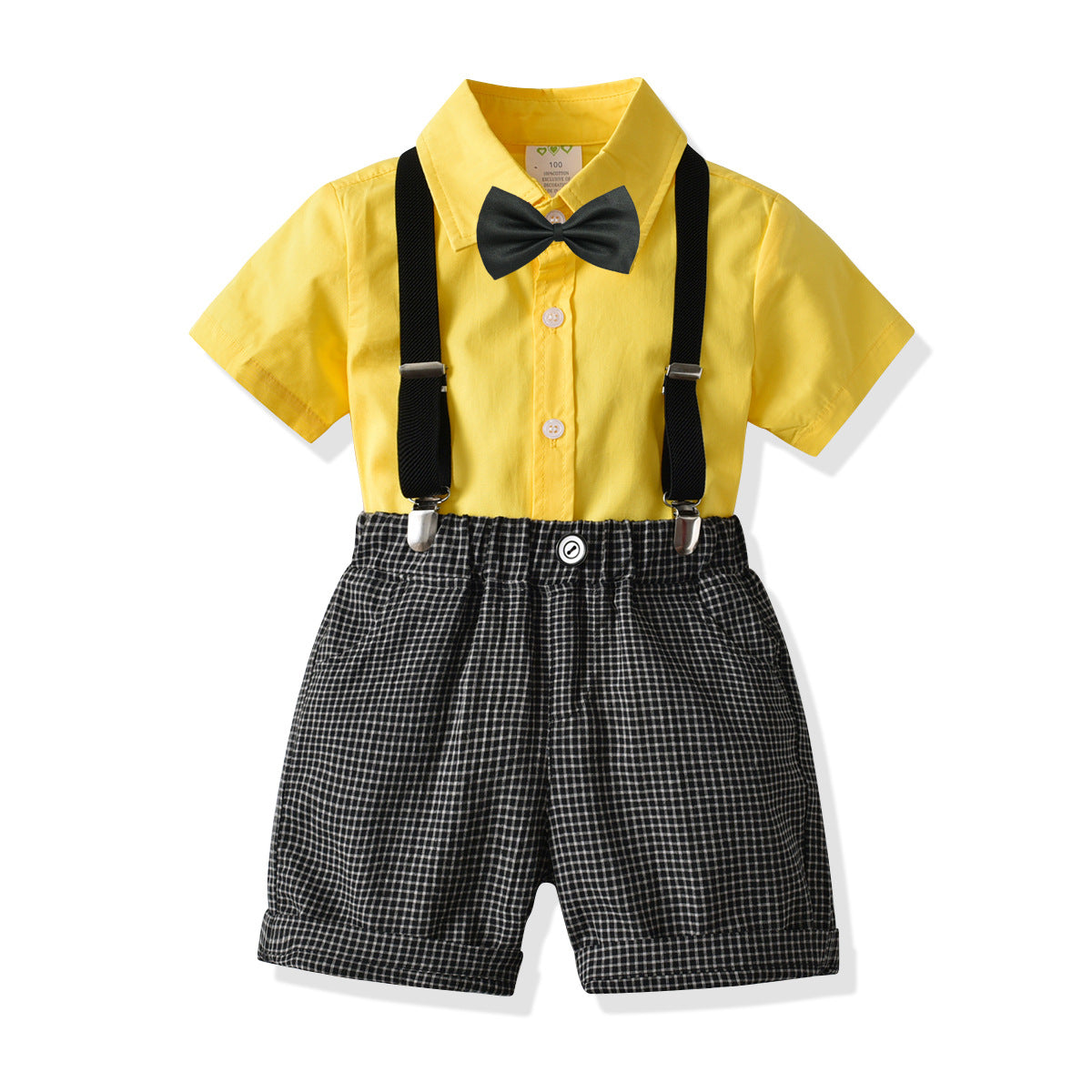 Boys Yellow & Black Shirt With Checked Shorts & Suspenders