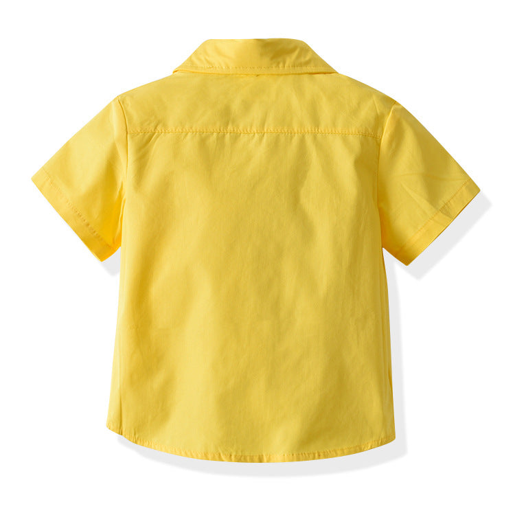Boys Yellow & Black Shirt With Checked Shorts & Suspenders