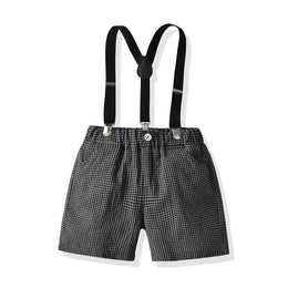 Boys Yellow & Black Shirt With Checked Shorts & Suspenders