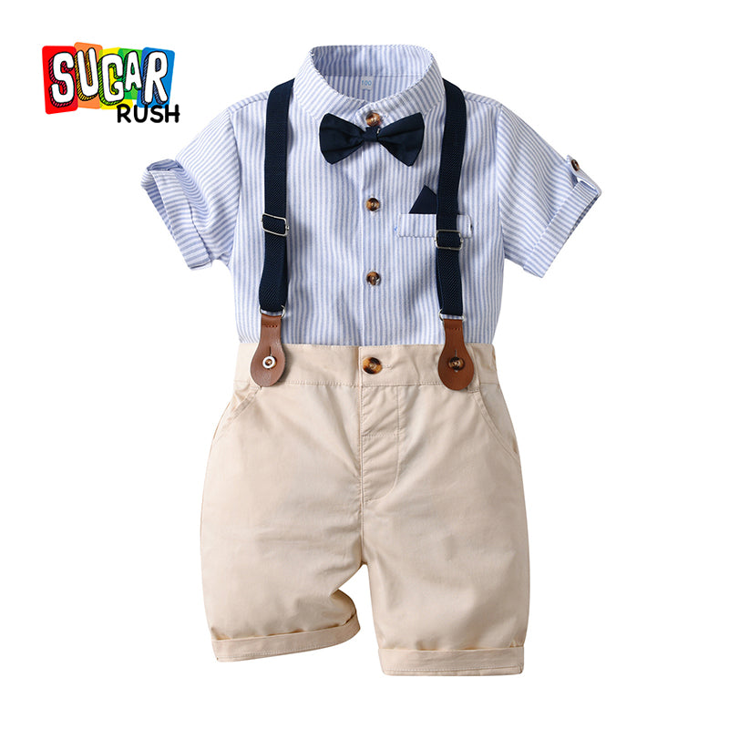 Boys Blue Striped Shirt & Trousers With Suspenders
