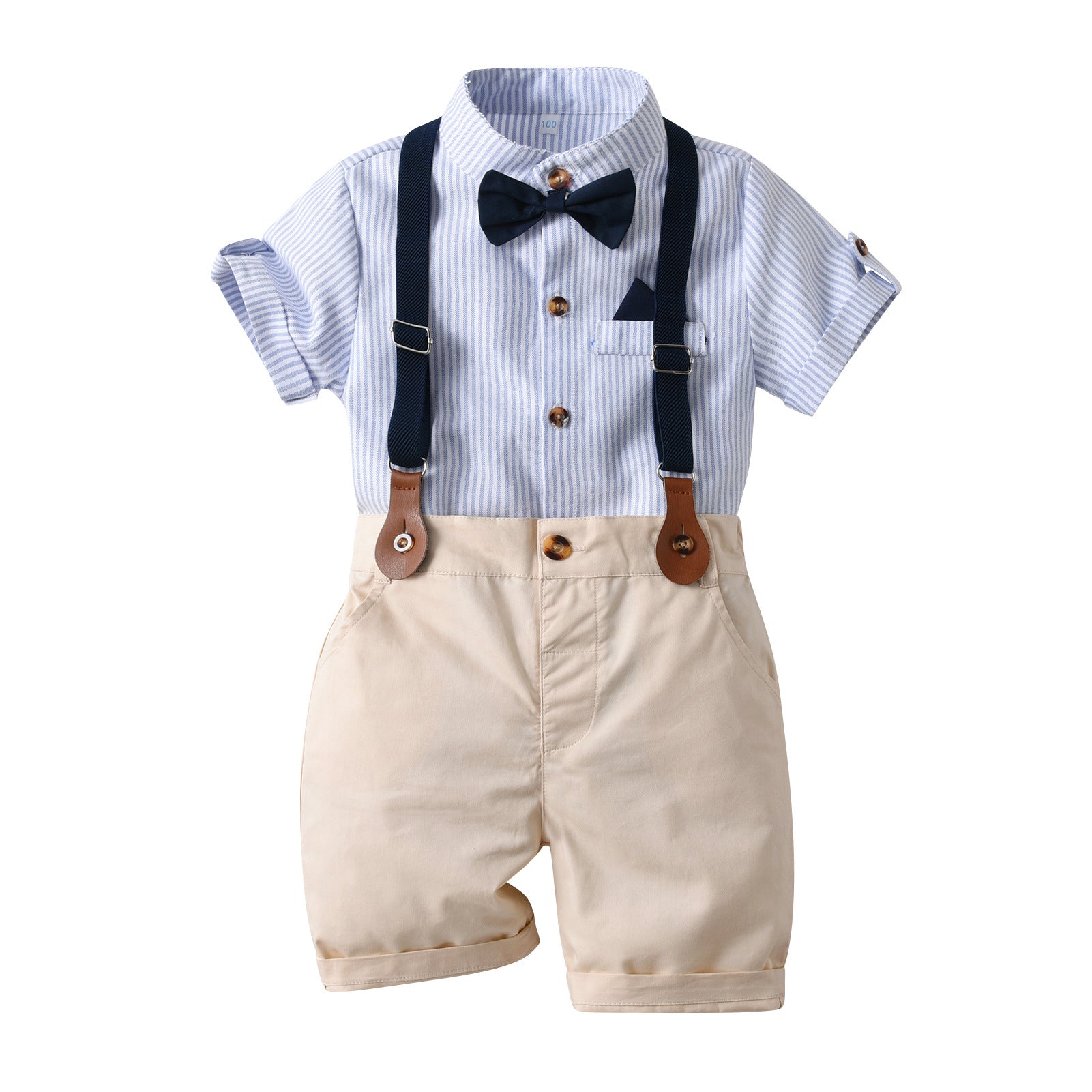 Boys Blue Striped Shirt & Trousers With Suspenders