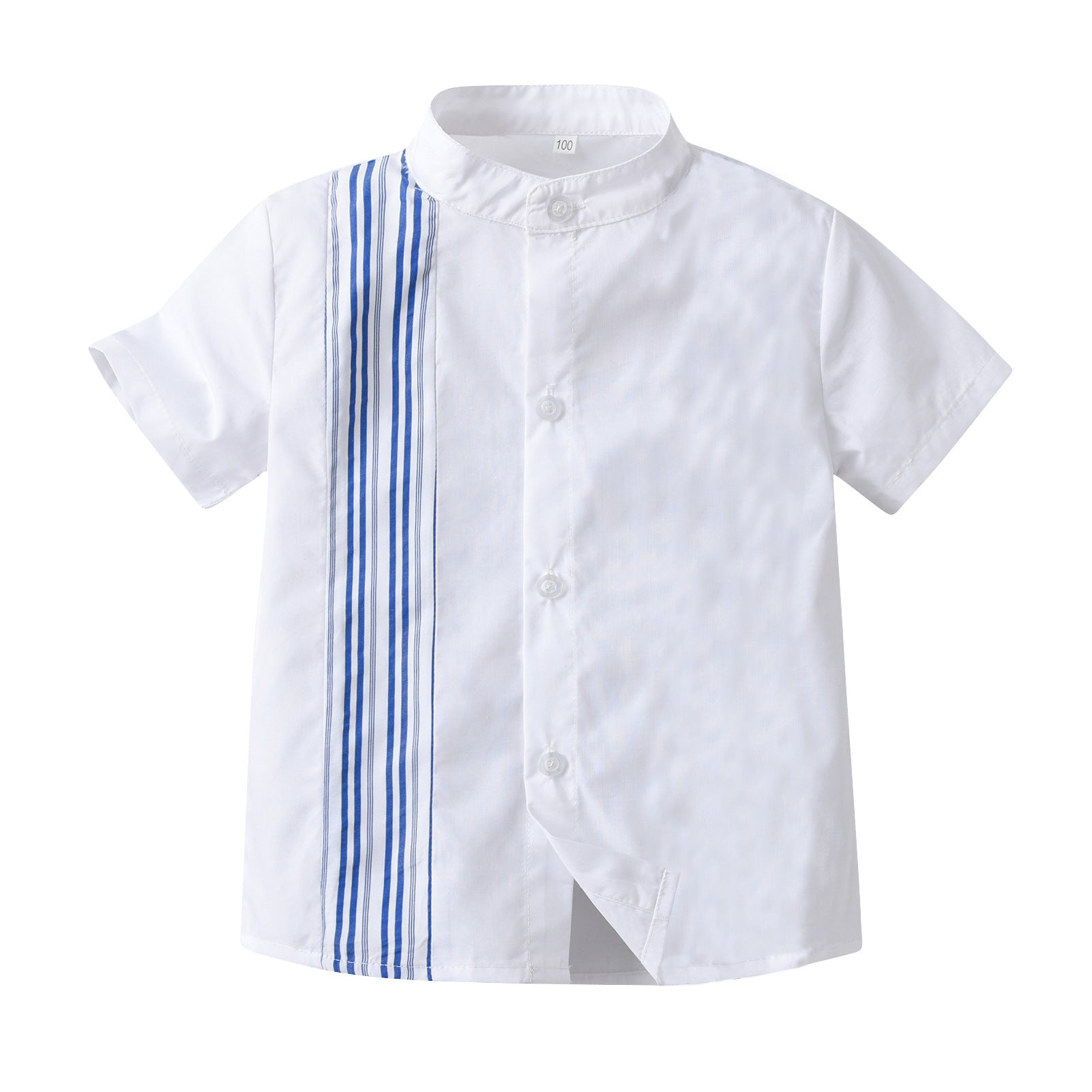 Boys White Band Collar Vertical Striped Casual Shirt