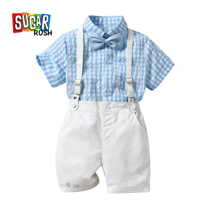 Boys Blue Checked Shirt Collar Shirt & Shorts With Suspenders