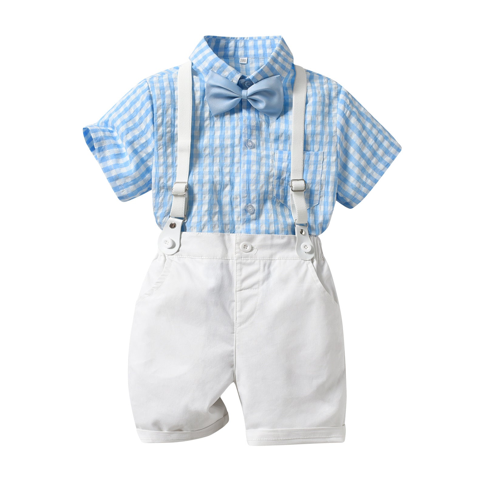 Boys Blue Checked Shirt Collar Shirt & Shorts With Suspenders
