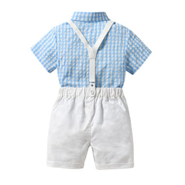 Boys Blue Checked Shirt Collar Shirt & Shorts With Suspenders
