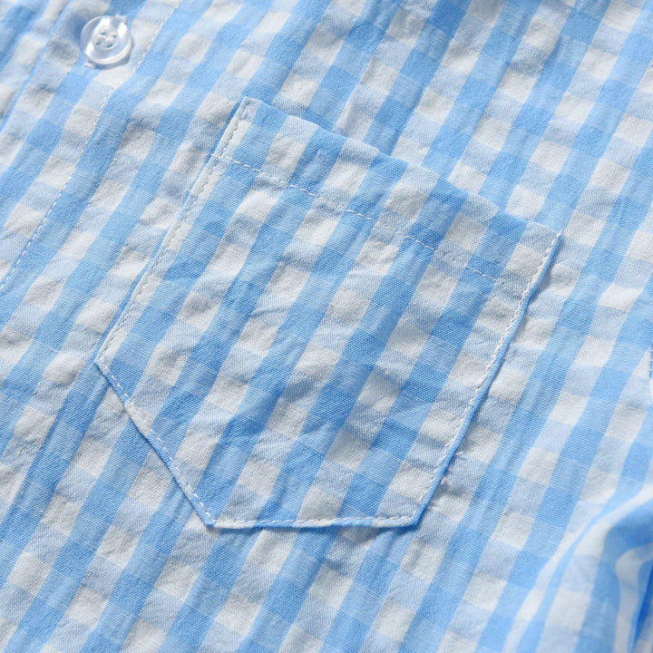 Boys Blue Checked Shirt Collar Shirt & Shorts With Suspenders