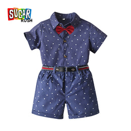 Boys Navy Blue Printed Shirt With Shorts