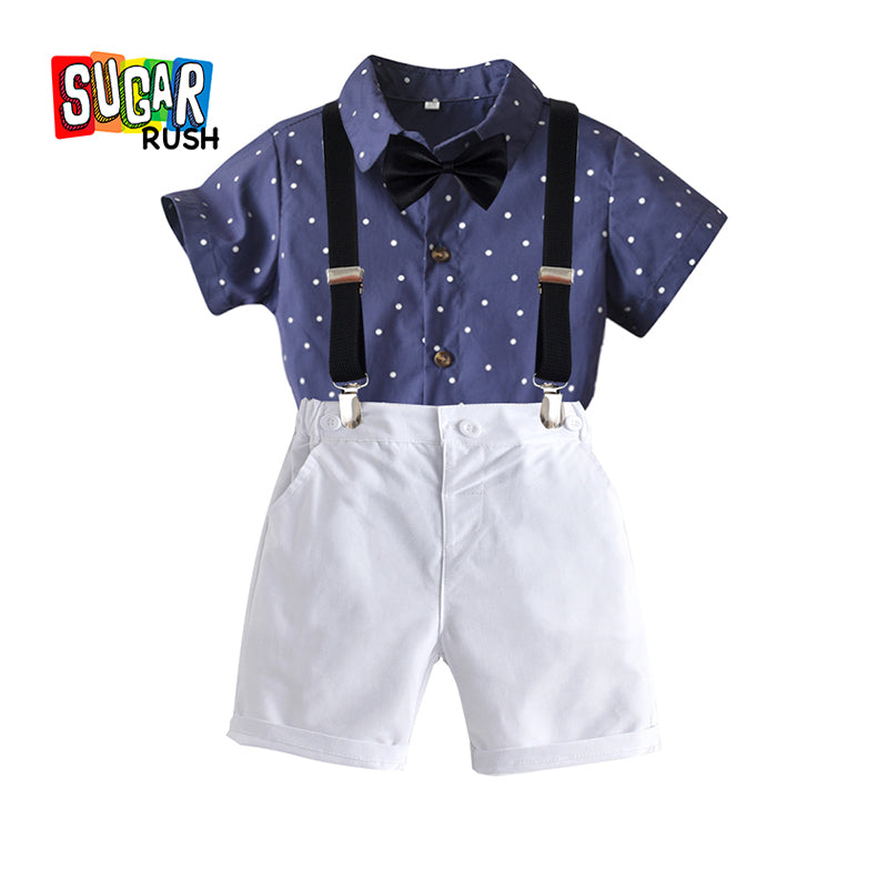 Boys Navy Blue & White Polka Dots Printed Shirt With Shorts & Suspenders