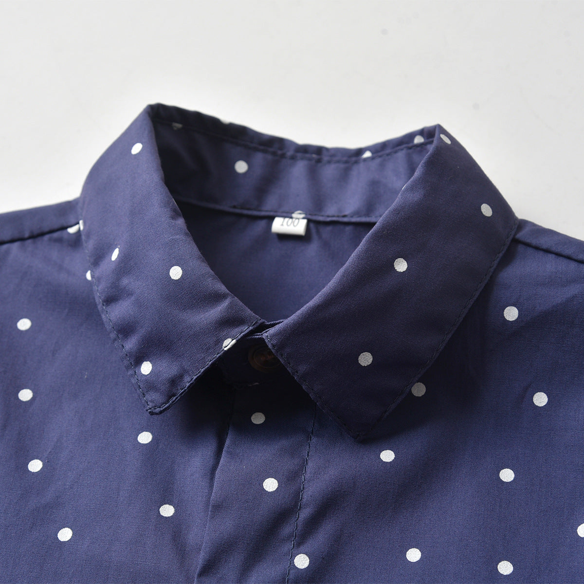 Boys Navy Blue & White Polka Dots Printed Shirt With Shorts & Suspenders