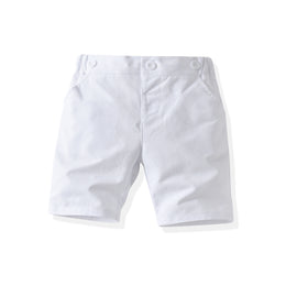 Boys Navy Blue & White Polka Dots Printed Shirt With Shorts & Suspenders