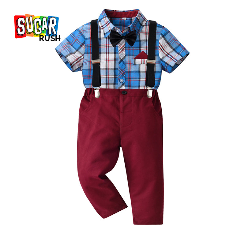 Boys Checked Shirt with Trousers And Suspenders
