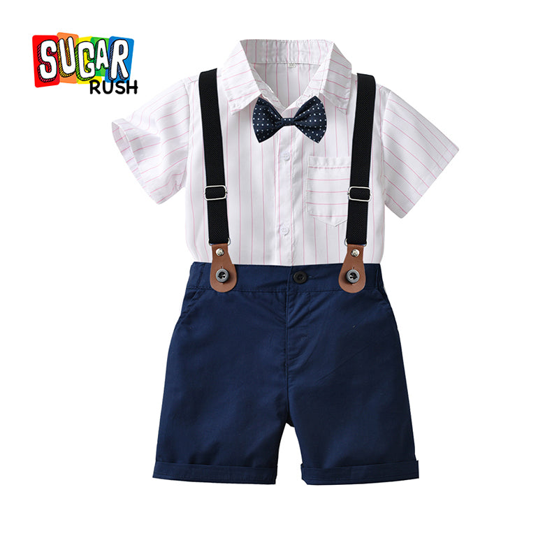 Boys Navy Blue Striped Shirt With Shorts