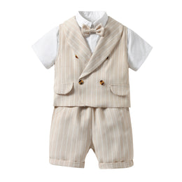 Boys Beige & White Striped Shirt With Shorts & Waist Coat