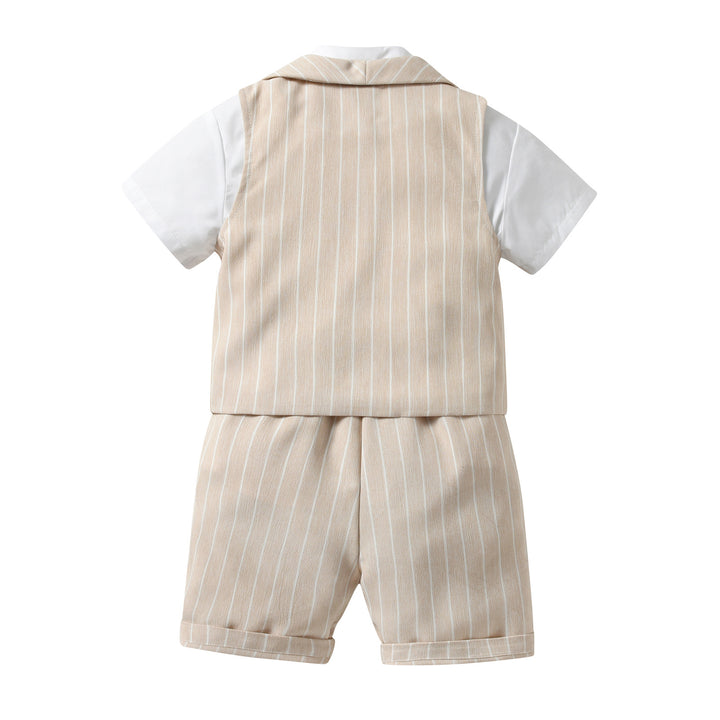 Boys Beige & White Striped Shirt With Shorts & Waist Coat