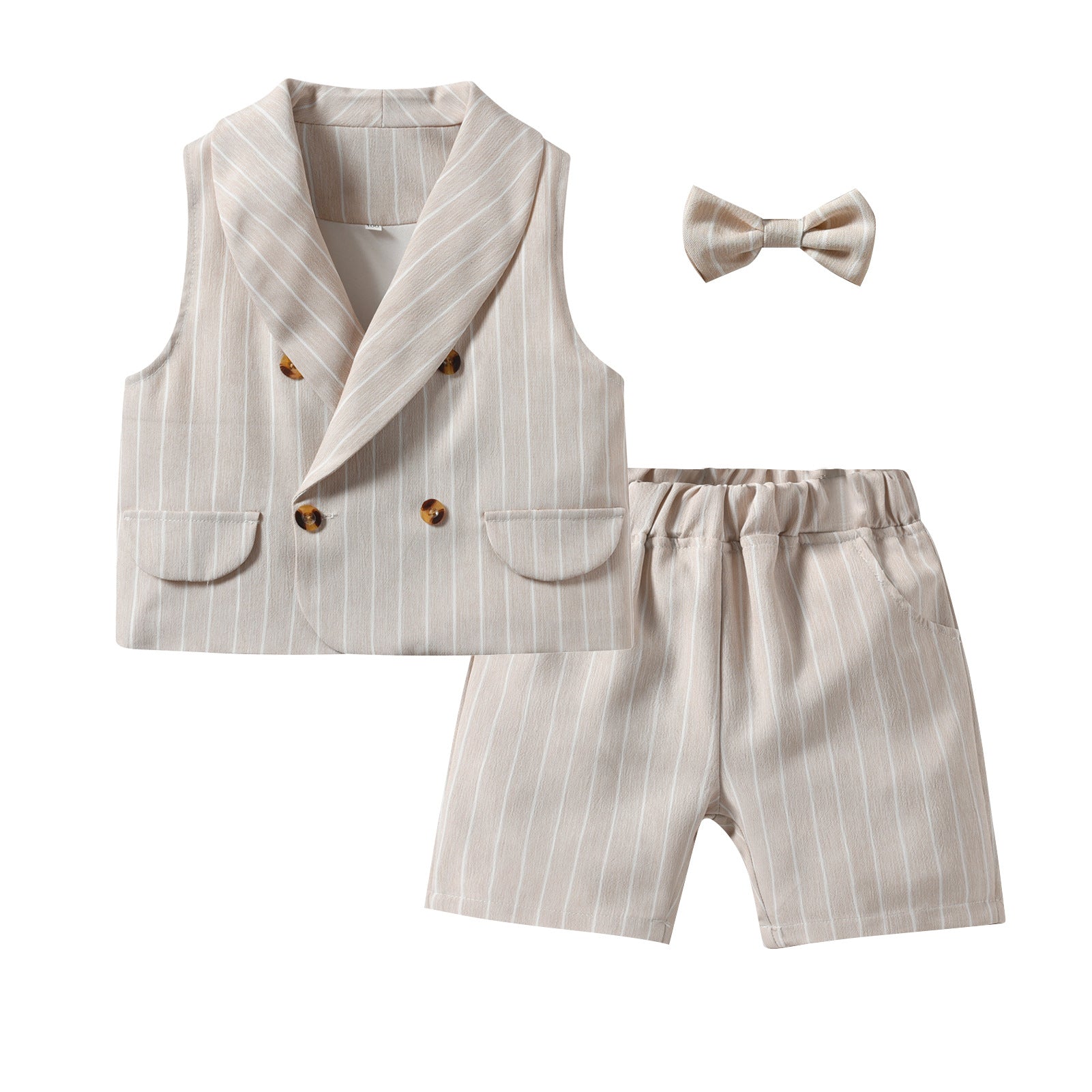 Boys Beige & White Striped Shirt With Shorts & Waist Coat
