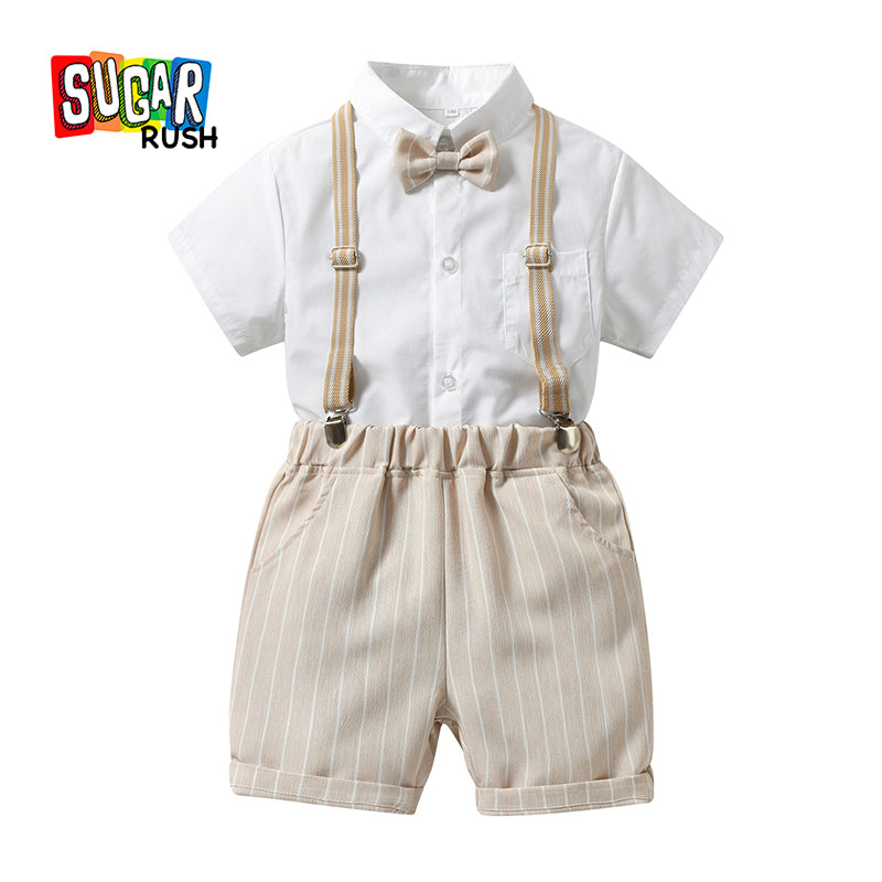 Boys White Shirt Collar Shirt & Shorts With Suspenders