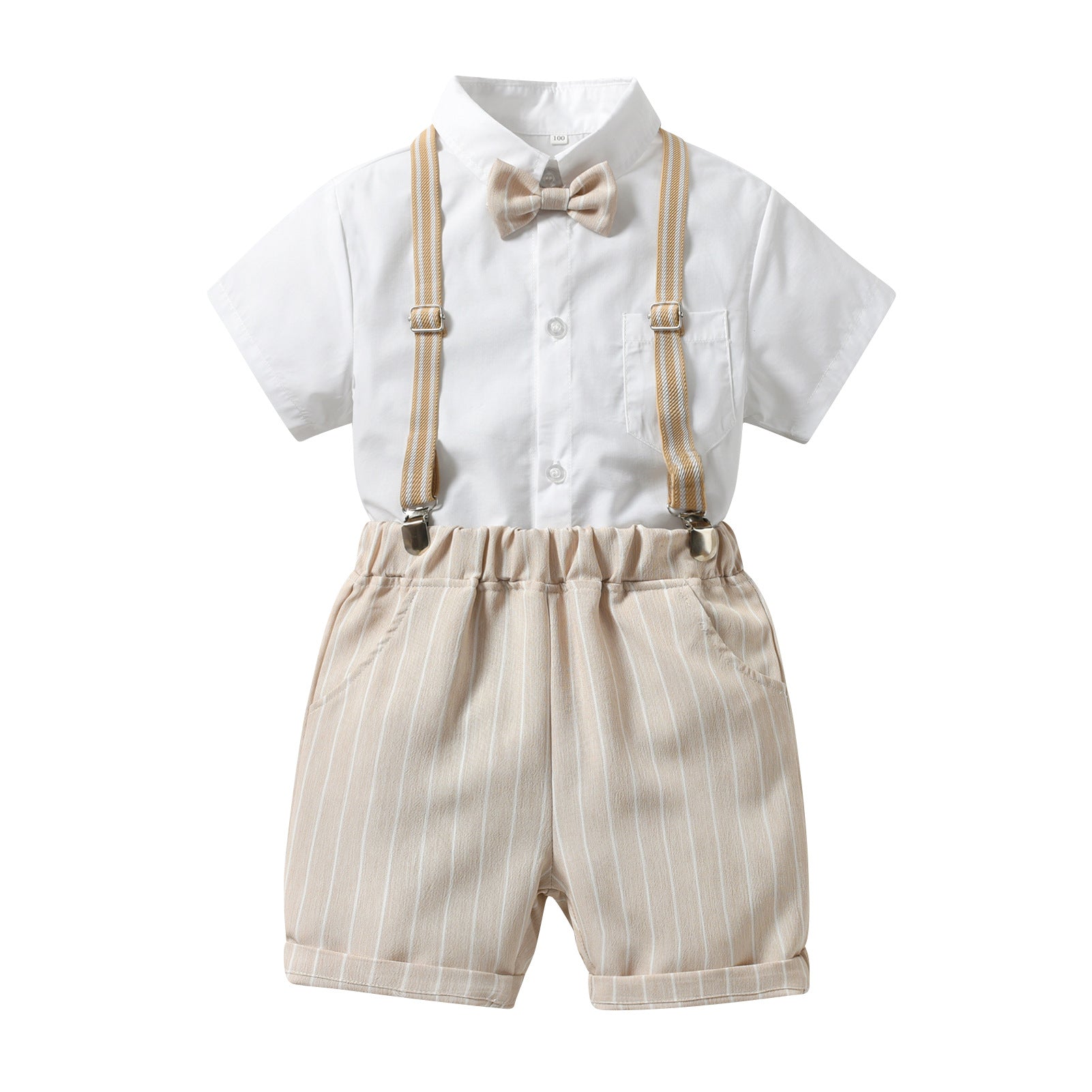Boys White Shirt Collar Shirt & Shorts With Suspenders