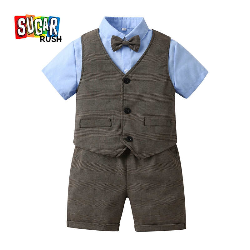 Boys Blue Shirt with Shorts And Striped Waistcoat