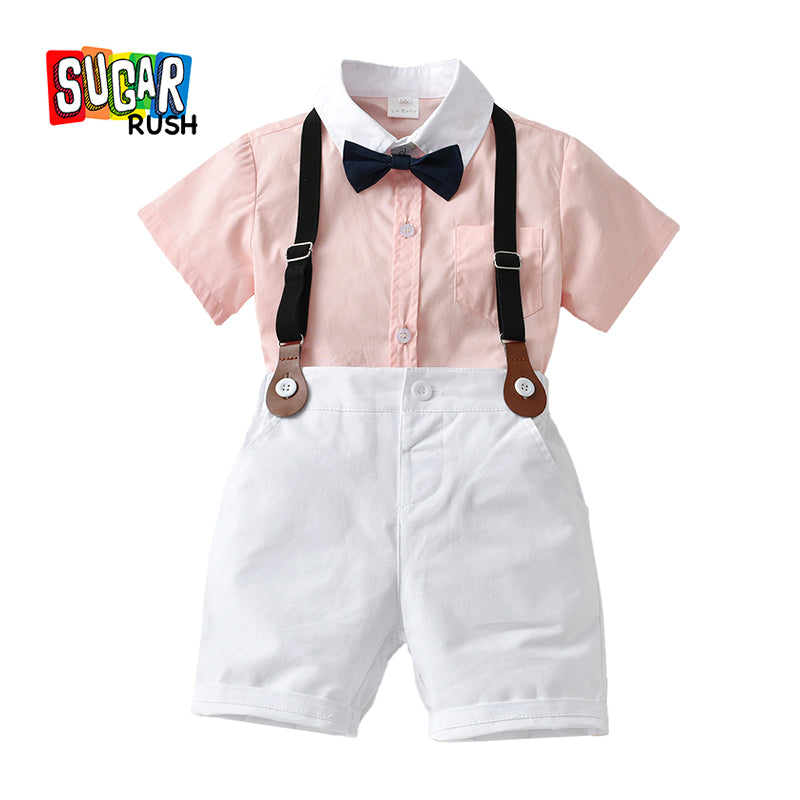 Boys Pink & White Shirt & Shorts With Suspenders