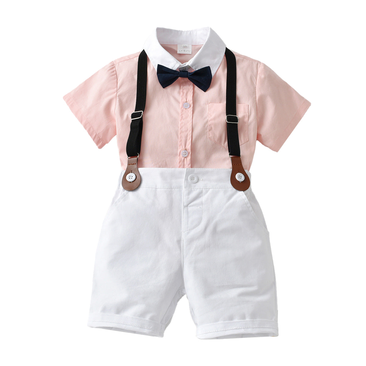 Boys Pink & White Shirt & Shorts With Suspenders