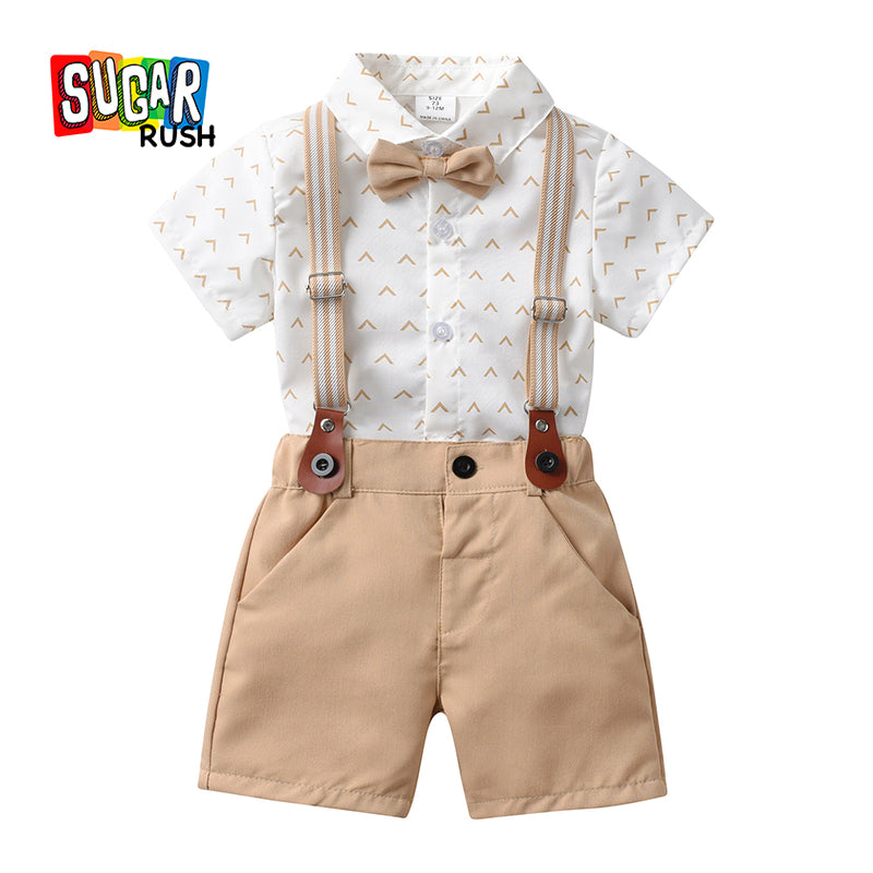 Infants Boys White & Beige Printed Shirt with Shorts