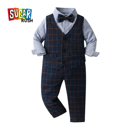 Boys Navy Blue 4-Pcs Checked Single-Breasted Waistcoat With Trousers & Shirt