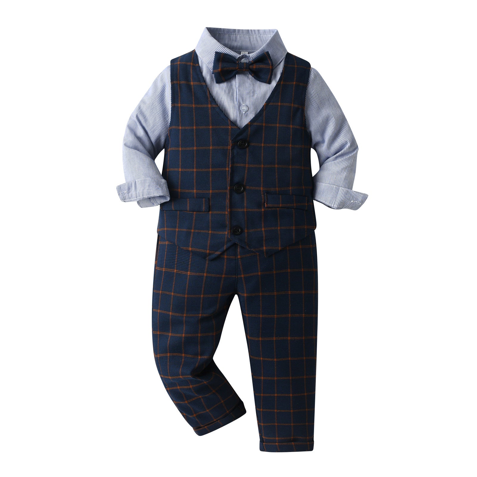 Boys Navy Blue 4-Pcs Checked Single-Breasted Waistcoat With Trousers & Shirt