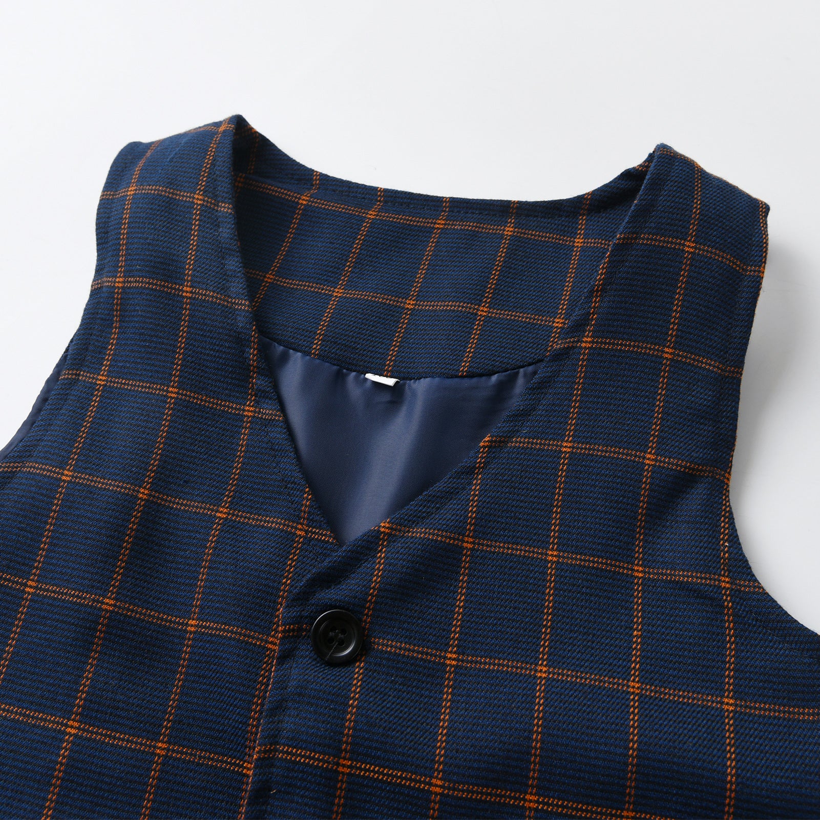Boys Navy Blue 4-Pcs Checked Single-Breasted Waistcoat With Trousers & Shirt