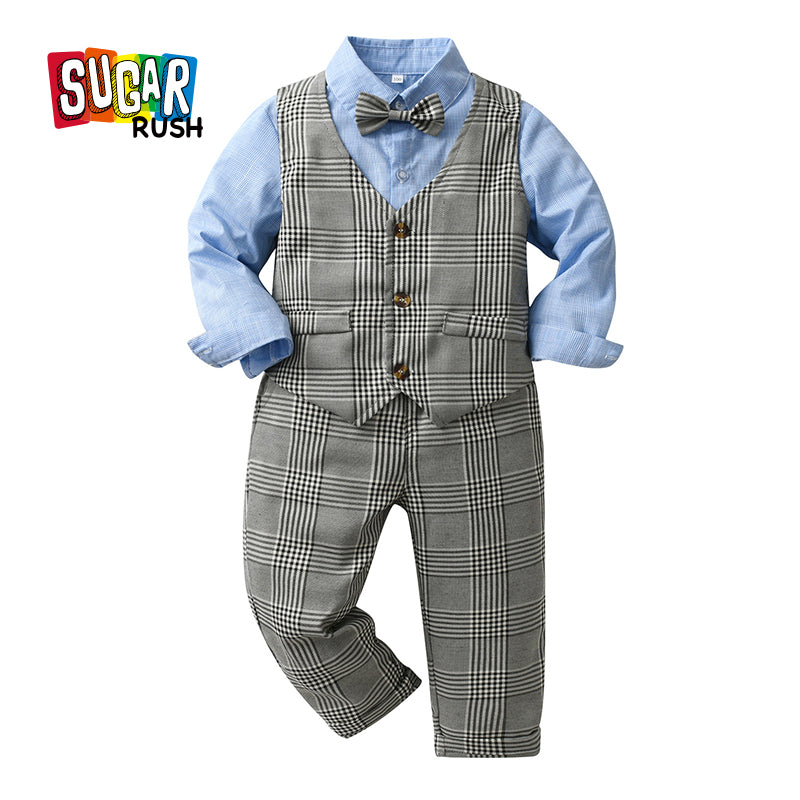 Boys Blue & Grey Checked 3 Piece Suit