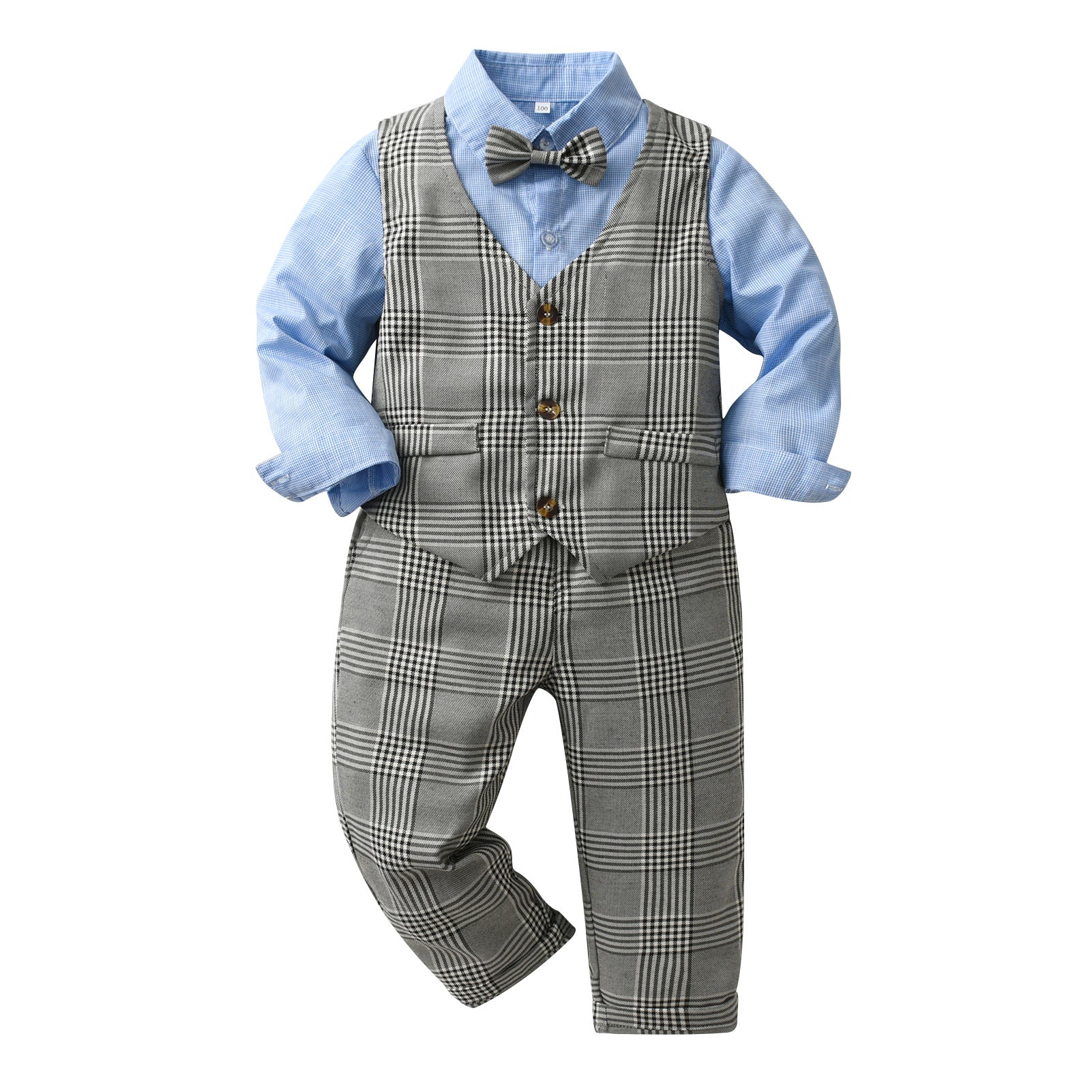 Boys Blue & Grey Checked 3 Piece Suit