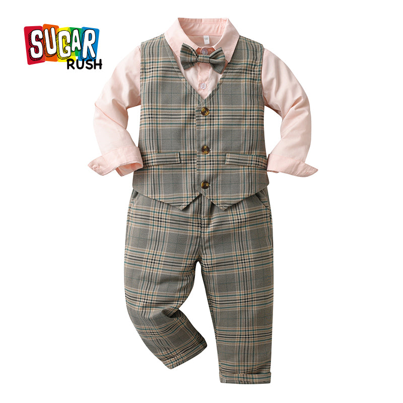 Boys Grey & Pink Checked 3 Piece Suit