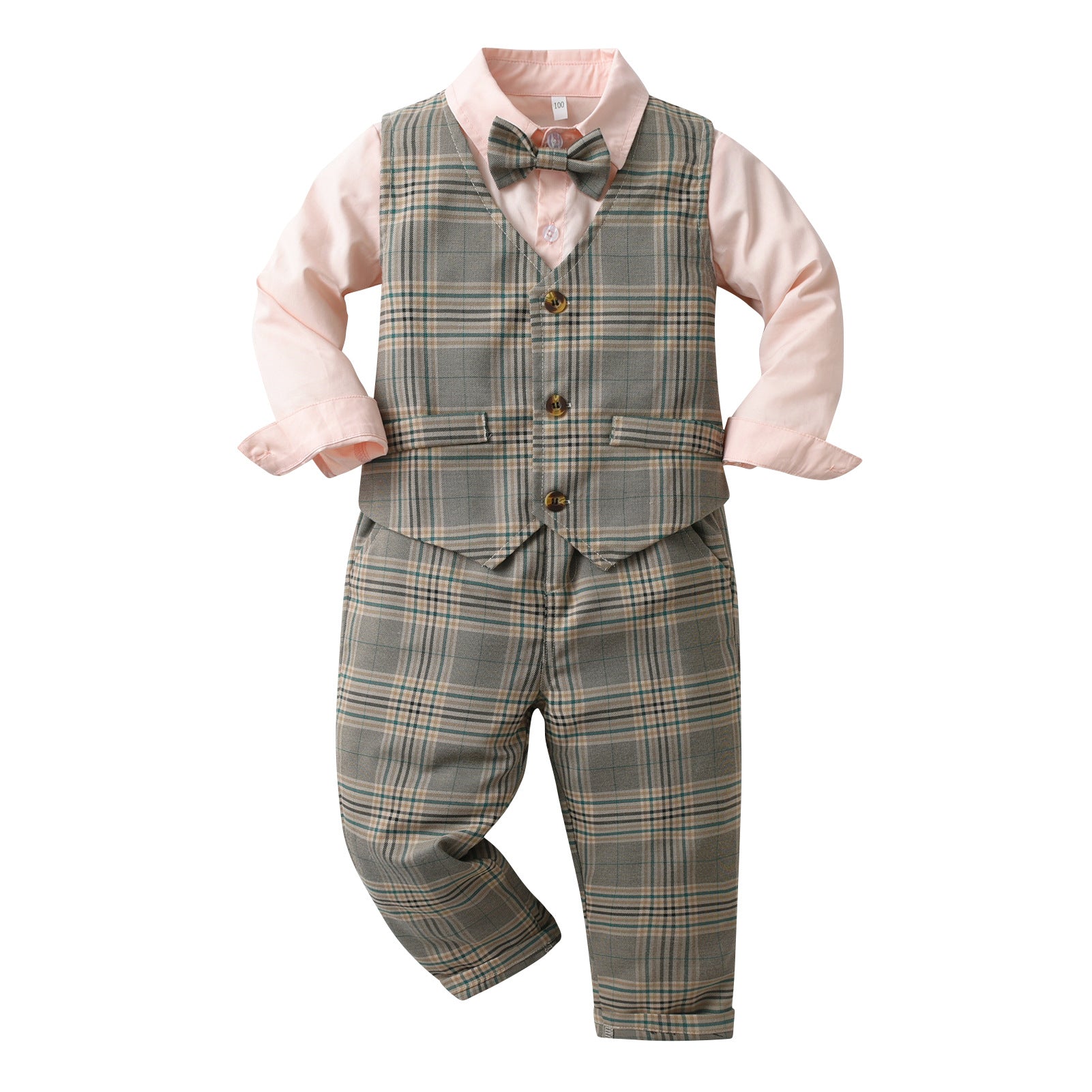 Boys Grey & Pink Checked 3 Piece Suit
