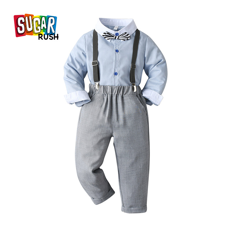 Infant Boys Blue Shirt And Trousers With Suspenders