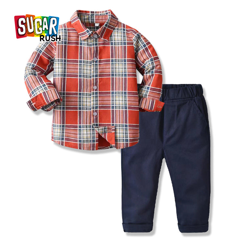 Boys Red Checked Shirt with Trousers
