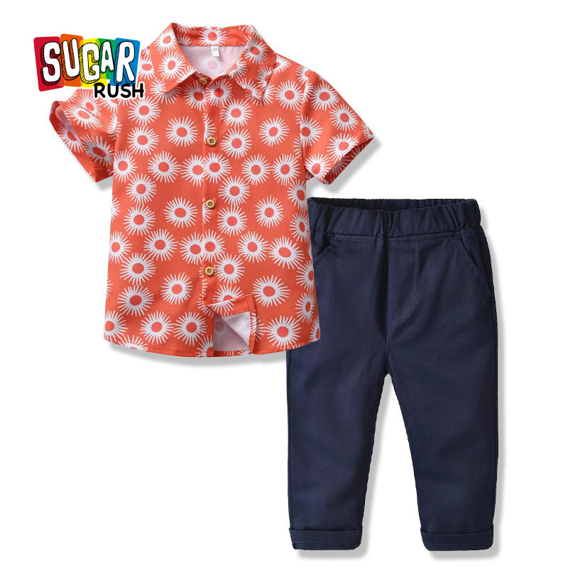 Boys Red Floral Printed Shirt Collar Shirt With Trouser