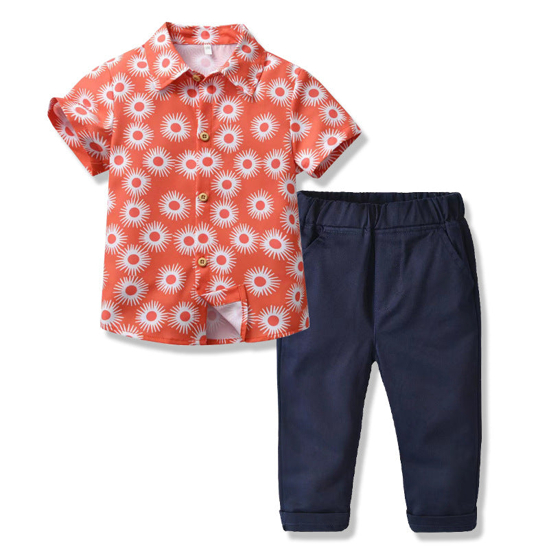 Boys Red Floral Printed Shirt Collar Shirt With Trouser