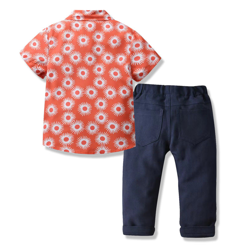 Boys Red Floral Printed Shirt Collar Shirt With Trouser