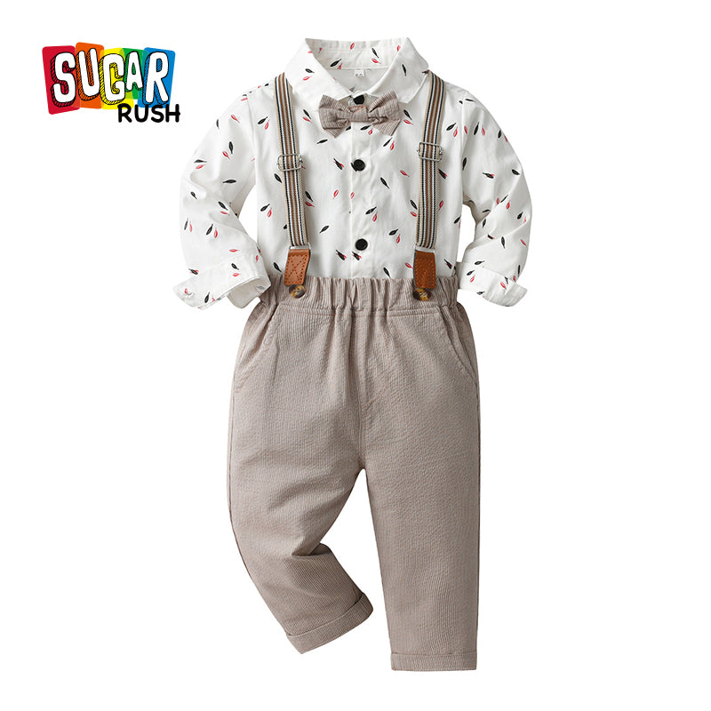 Boys White Floral Printed Shirt & Trousers With Suspenders