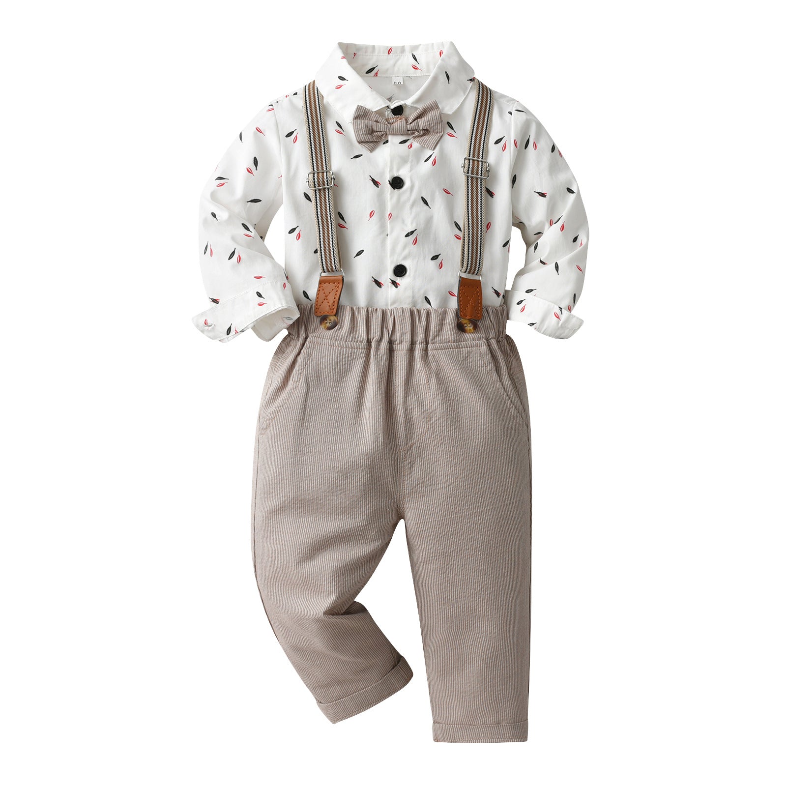 Boys White Floral Printed Shirt & Trousers With Suspenders