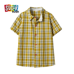 Boys Yellow Tartan Checked Spread Collar Cotton Casual Shirt